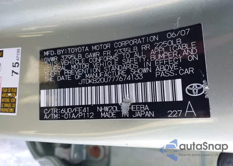 2007 Toyota Prius from USA, damaged, VIN JTDKB20U777674133